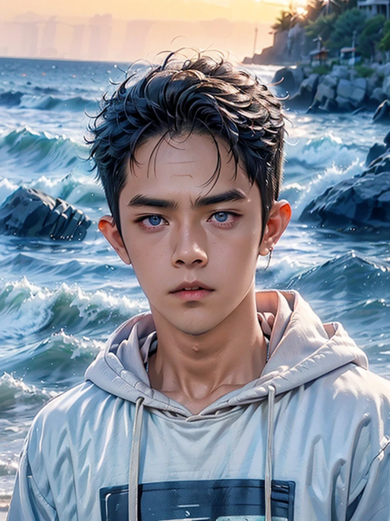 photorealistic, masterpiece, 8K, HD, portrait, closing up on face, intricate details, soft lighting, absurdres, realistic anime style, yuzuru hanyu, a handsome japanese man, student, 20 years old, cute, gentle, wistful gaze, melancholic, timid, detailed face, ocean blue eyes, dark eyes, balanced eyes, detailed eyes, looking at the sky, looking up, wearing hoodie and shirt, casual wear, fair skin, pale skin, slim, black hair, smooth hair, wavy hair, outdoors, dock, sea, waves, rocks, dawn, stars, constellation, cosmical, dreamy world, surrealism, ethereal