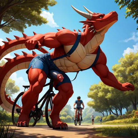 muscular red dragon with spikes
along its head, drinking water from a
bottle. The dragon is wearing
semi-transparent shorts that...