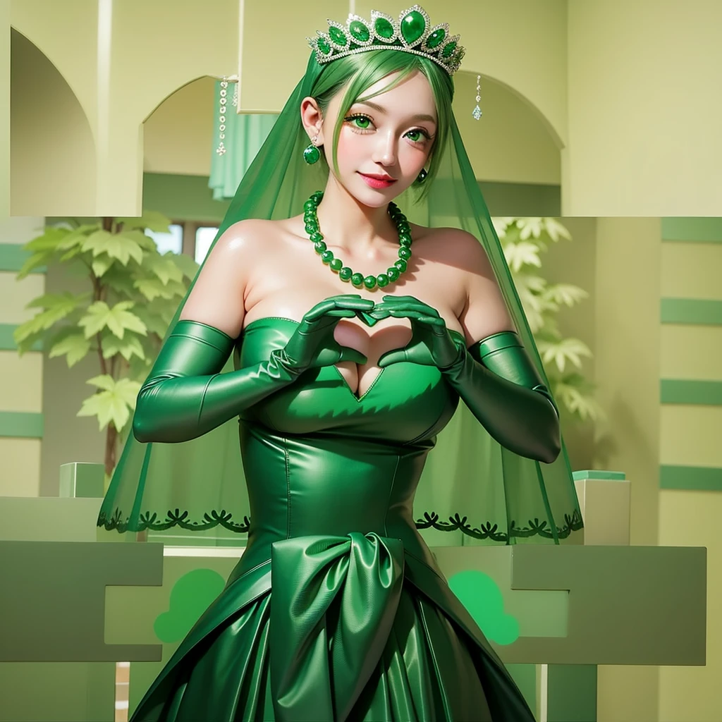 Emerald tiara, Green Pearl Necklace, ボーイッシュな非常に短いGreen Hair, Green Lips, Smiling Japanese woman, Very short hair, Busty beautiful lady, Green Eyes, Green satin long gloves, Green Eyes, Emerald Earrings, Green veil, Heart with both hands, Green Hair, Beautiful Japanese Woman, Heart shaped hands:1.3, green lip gloss