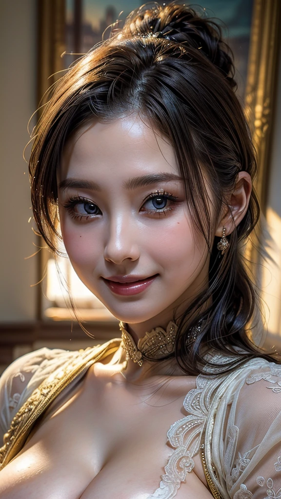 (high quality , Super detailed:1.2 ) , (Highly detailed beautiful face:1.4), ((Highest quality)), ((masterpiece)),smile ,beautiful woman, ((highest quality)), ((masterpiece)), (be familiar with), perfect face、(8K, highest quality, masterpiece:1.2),(highest quality:1.0), (ultra high resolution:1.0),((Natural big breasts:1.4)),((Upper Body))