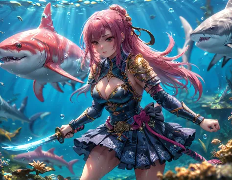 , a wide angle picture of a female human druid swimming along her pet shark, priest of underwater nature, cleric of underwater n...