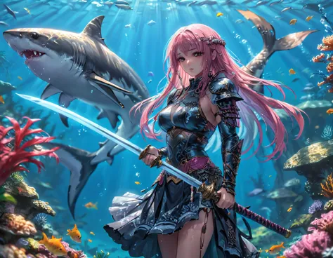 , a wide angle picture of a female human druid swimming along her pet shark, priest of underwater nature, cleric of underwater n...