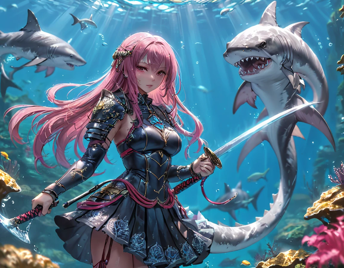 , a wide angle picture of a female human druid swimming along her pet shark, priest of underwater nature, cleric of underwater nature, art full body, ((anatomically correct)), dynamic position (intricate details, Masterpiece, best quality: 1.5) talking to a shark (intricate details, Masterpiece, best quality: 1.5) under the sea  (intricate details, Masterpiece, best quality: 1.5), a human woman wearing scale armor ((intricate details, Masterpiece, best quality: 1.4) leather boots, armed with a katana, GLOWING WEAPON, thick hair, long hair, pink hair, tan skin intense brown eyes, undersea background (intense details),  night undersea( (intricate details, Masterpiece, best quality: 1.5)high details, best quality, 16k, RAW, (ultra detailed: 1.5), masterpiece, best quality, (extremely detailed), dynamic angle, ultra wide shot, RAW, photorealistic, fantasy art, rpg art, realistic ), dynamic angle,  (intricate details, Masterpiece, best quality: 1.5)), high details, best quality, highres, ultra wide angle, Wielding sword, chumbasket art style, katana