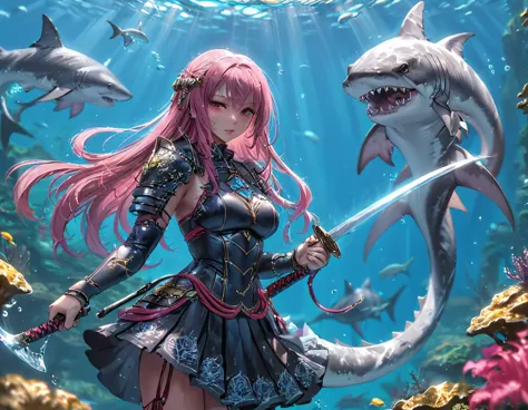 , a wide angle picture of a female human druid swimming along her pet shark, priest of underwater nature, cleric of underwater n...