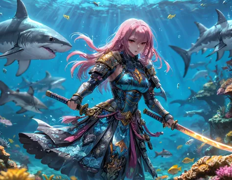 , a wide angle picture of a female human druid swimming along her pet shark, priest of underwater nature, cleric of underwater n...