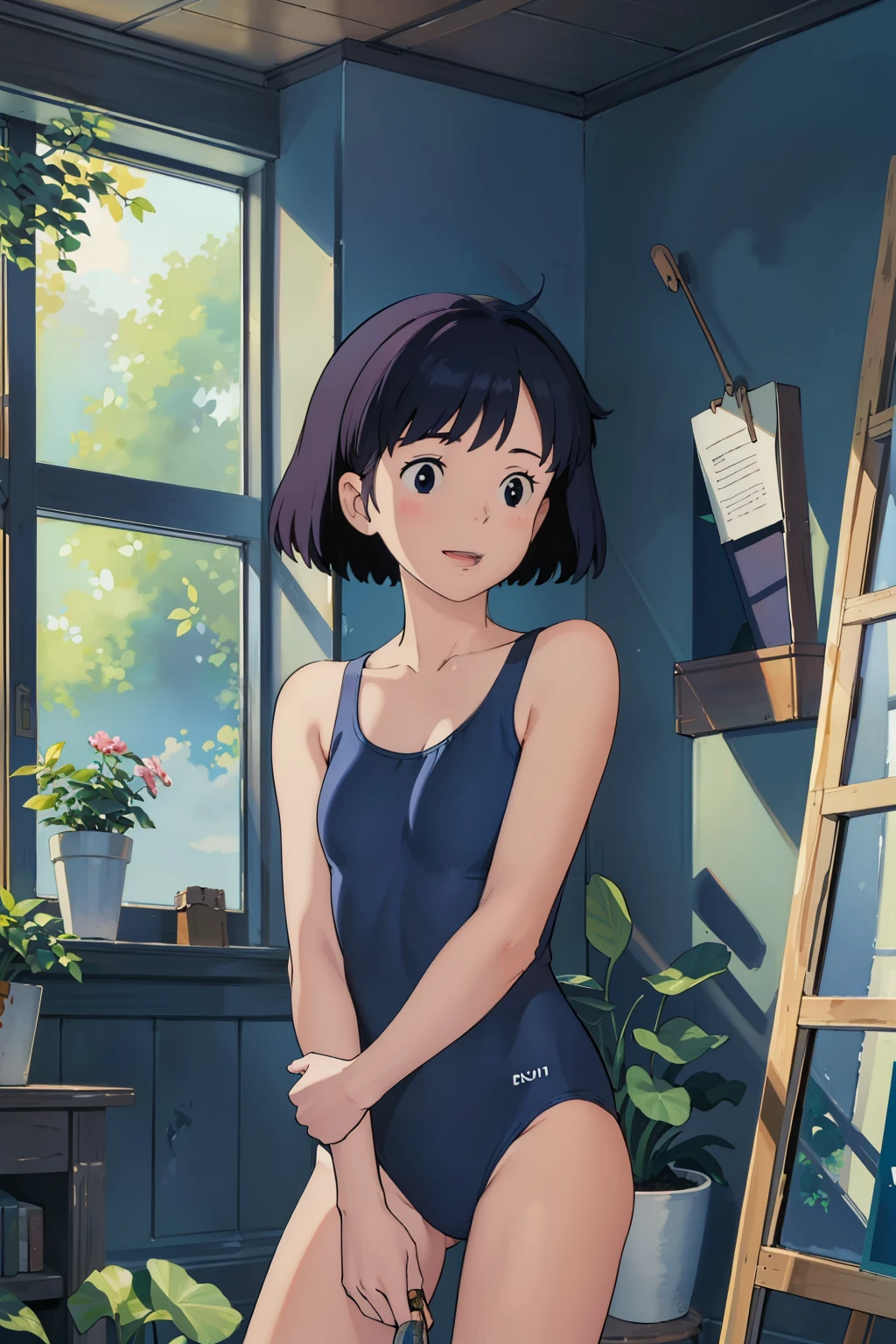 (masterpiece:1.4)、(Highest quality:1.4)、(High resolution:1.4)、Laughter、With a girl、Bob Hair、One Girl、low length，Inside the room、Huge windows、Navy blue school swimsuit，、Foliage plant、Bookshelf、Lo-Fi、Painting on a canvas