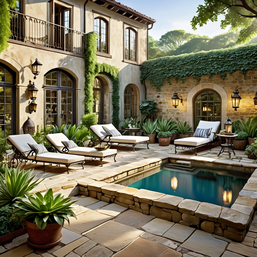 Generate a vintage-inspired courtyard scene featuring a natural pool. The courtyard should have weathered stone walls and antique-style furniture. Include wrought iron sun loungers with vintage cushions, a small bistro table with chairs, and an assortment of old-fashioned lanterns. The pool should have an enchanting look, with clear, reflective water and lush plants surrounding it. The overall lighting should be soft, creating a nostalgic and tranquil ambiance.
