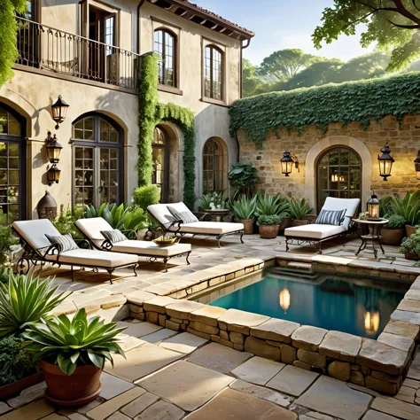Generate a vintage-inspired courtyard scene featuring a natural pool. The courtyard should have weathered stone walls and antiqu...