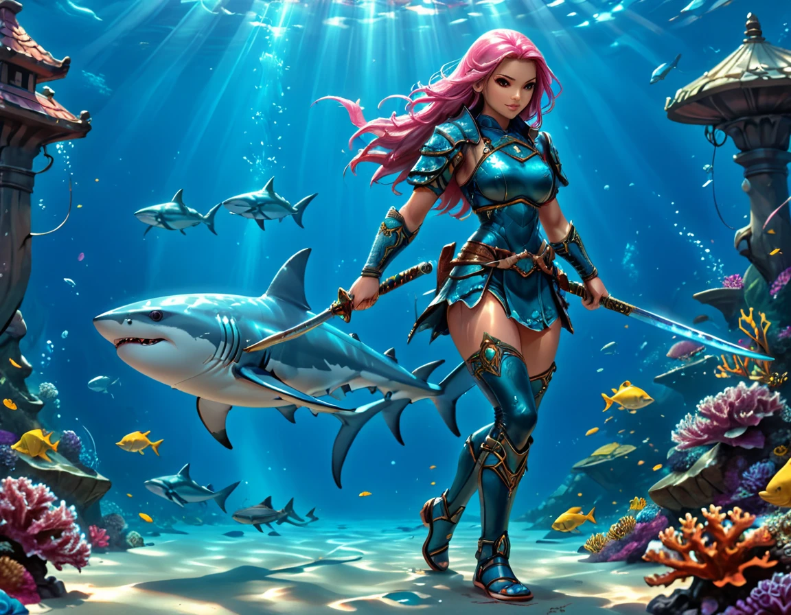 , a wide angle picture of a female human druid swimming along her pet shark, priest of underwater nature, cleric of underwater nature, art full body, ((anatomically correct)), dynamic position (intricate details, Masterpiece, best quality: 1.5) talking to a shark (intricate details, Masterpiece, best quality: 1.5) under the sea  (intricate details, Masterpiece, best quality: 1.5), a human woman wearing scale armor ((intricate details, Masterpiece, best quality: 1.4) leather boots, armed with a katana, GLOWING WEAPON, thick hair, long hair, pink hair, tan skin intense brown eyes, undersea background (intense details),  night undersea( (intricate details, Masterpiece, best quality: 1.5)high details, best quality, 16k, RAW, (ultra detailed: 1.5), masterpiece, best quality, (extremely detailed), dynamic angle, ultra wide shot, RAW, photorealistic, fantasy art, rpg art, realistic ), dynamic angle,  (intricate details, Masterpiece, best quality: 1.5)), high details, best quality, highres, ultra wide angle, Wielding sword, chumbasket art style, katana