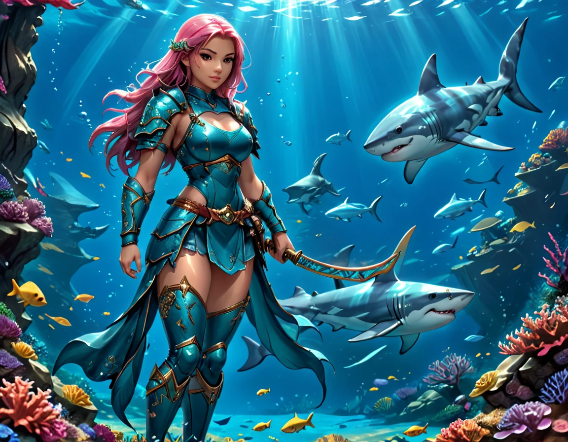 , a wide angle picture of a female human druid swimming along her pet shark, priest of underwater nature, cleric of underwater nature, art full body, ((anatomically correct)), dynamic position (intricate details, Masterpiece, best quality: 1.5) talking to a shark (intricate details, Masterpiece, best quality: 1.5) under the sea  (intricate details, Masterpiece, best quality: 1.5), a human woman wearing scale armor ((intricate details, Masterpiece, best quality: 1.4) leather boots, armed with a katana, GLOWING WEAPON, thick hair, long hair, pink hair, tan skin intense brown eyes, undersea background (intense details),  night undersea( (intricate details, Masterpiece, best quality: 1.5)high details, best quality, 16k, RAW, (ultra detailed: 1.5), masterpiece, best quality, (extremely detailed), dynamic angle, ultra wide shot, RAW, photorealistic, fantasy art, rpg art, realistic ), dynamic angle,  (intricate details, Masterpiece, best quality: 1.5)), high details, best quality, highres, ultra wide angle, Wielding sword, chumbasket art style, katana