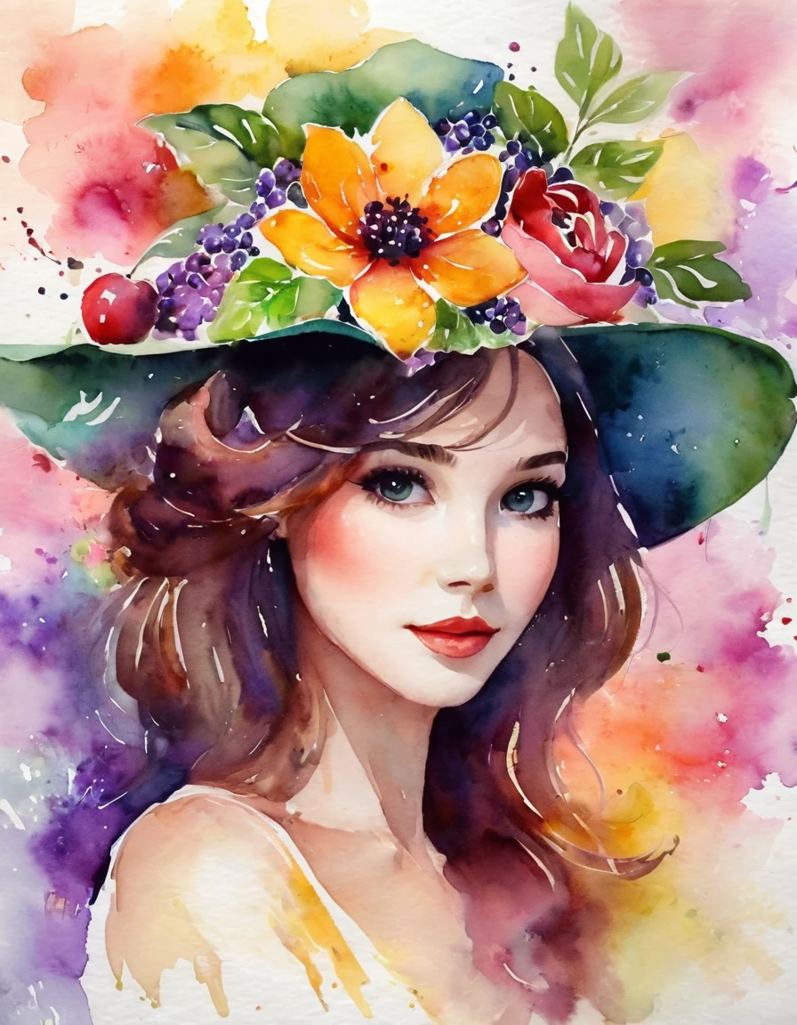 수채화 그림，과일 꽃 모자를 쓰고 아름다운 소녀, Guviz 스타일의 작품,，예술적 창의성:1.37