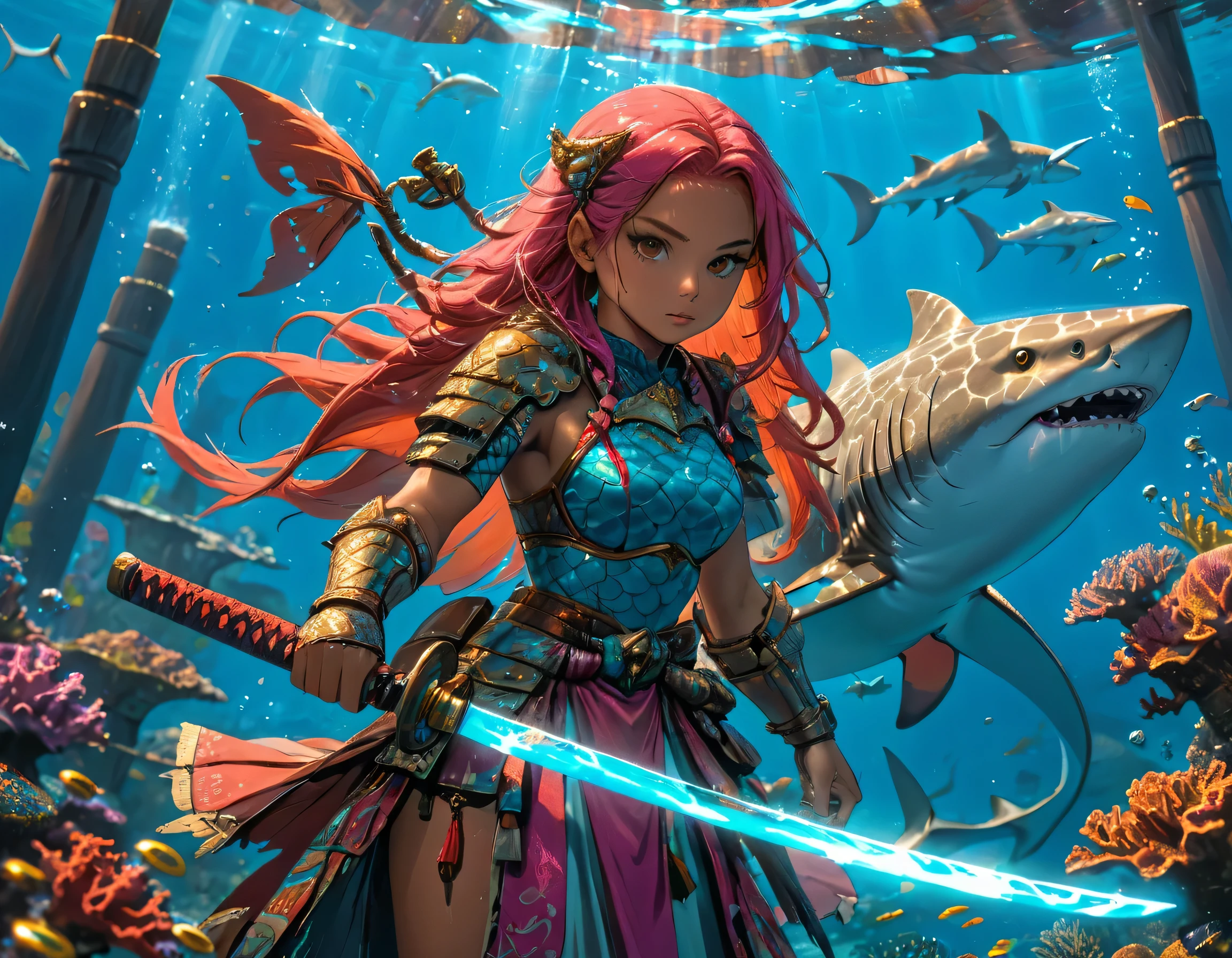 , a wide angle picture of a female human druid swimming along her pet shark, priest of underwater nature, cleric of underwater nature, art full body, ((anatomically correct)), dynamic position (intricate details, Masterpiece, best quality: 1.5) talking to a shark (intricate details, Masterpiece, best quality: 1.5) under the sea  (intricate details, Masterpiece, best quality: 1.5), a human woman wearing scale armor ((intricate details, Masterpiece, best quality: 1.4) leather boots, armed with a katana, GLOWING WEAPON, thick hair, long hair, pink hair, tan skin intense brown eyes, undersea background (intense details),  night undersea( (intricate details, Masterpiece, best quality: 1.5)high details, best quality, 16k, RAW, (ultra detailed: 1.5), masterpiece, best quality, (extremely detailed), dynamic angle, ultra wide shot, RAW, photorealistic, fantasy art, rpg art, realistic ), dynamic angle,  (intricate details, Masterpiece, best quality: 1.5)), high details, best quality, highres, ultra wide angle, Wielding sword, chumbasket art style, katana