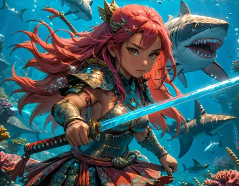 , a wide angle picture of a female human druid swimming along her pet shark, priest of underwater nature, cleric of underwater n...