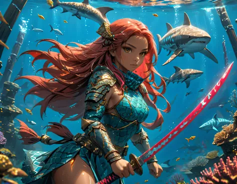 , a wide angle picture of a female human druid swimming along her pet shark, priest of underwater nature, cleric of underwater n...