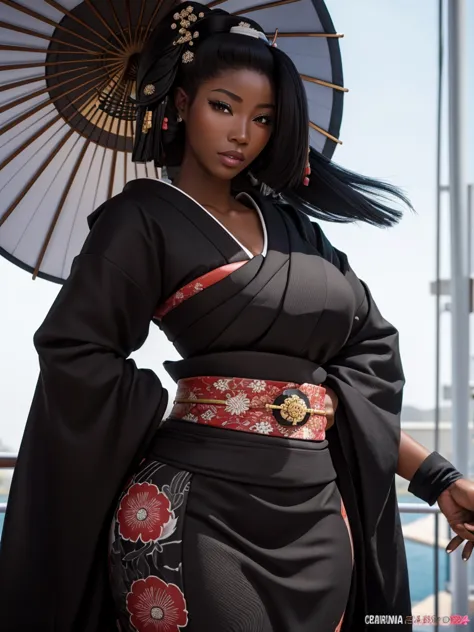 Ultradetailed, black woman, ebony skin, truccata da geisha, big , big ass, sexy, big hips, beautiful, hands behind Her