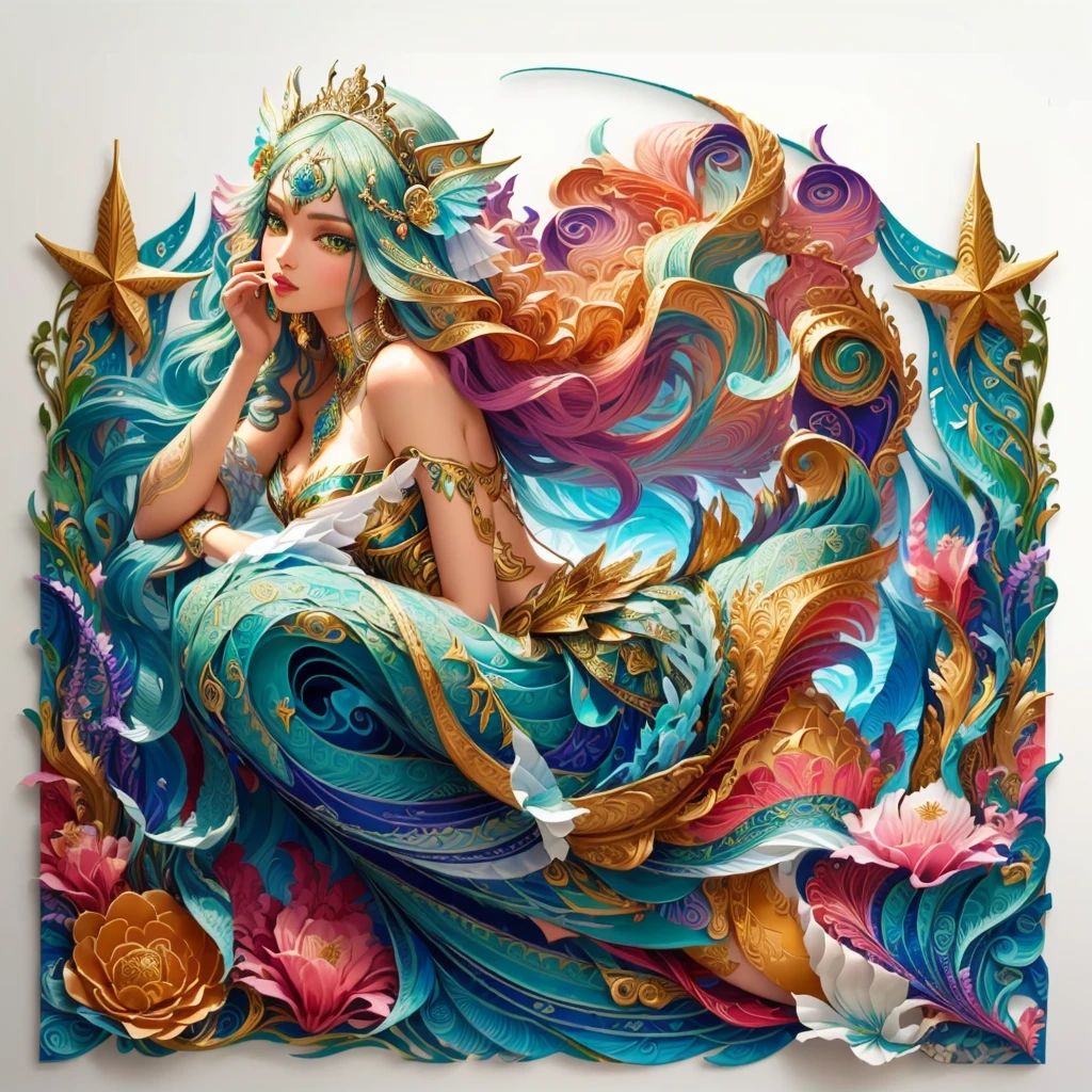 Nahaufnahme einer Papierkunst einer Sirene mit langen Haaren, Porträt einer Sirene, schöne Sirene, Porträt einer Sirene queen, Siren, schöne detaillierte Fantasie, voller Farben und reicher Details, Buntes und komplexes Meisterwerk, Göttin des Meeres, Papierquilling, einzigartige und komplizierte Malerei, Skurrile Kunst, Porträt einer Sirene warrior, geschichtete Papierkunst, Surrealer Pop-Art-Stil