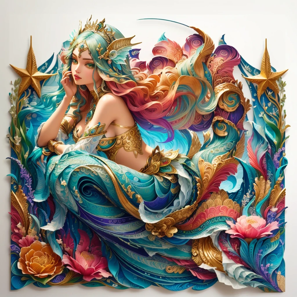 Nahaufnahme einer Papierkunst einer Sirene mit langen Haaren, Porträt einer Sirene, schöne Sirene, Porträt einer Sirene queen, Siren, schöne detaillierte Fantasie, voller Farben und reicher Details, Buntes und komplexes Meisterwerk, Göttin des Meeres, Papierquilling, einzigartige und komplizierte Malerei, Skurrile Kunst, Porträt einer Sirene warrior, geschichtete Papierkunst, Surrealer Pop-Art-Stil