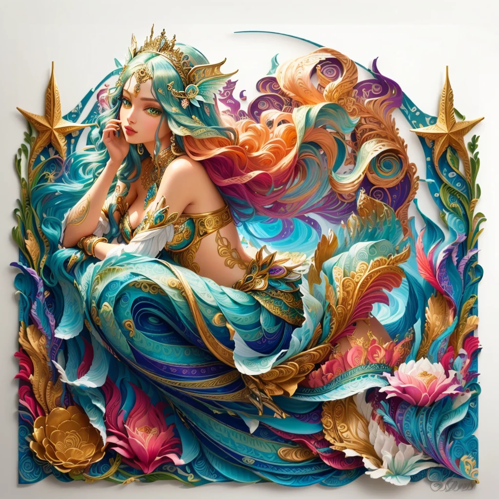 Nahaufnahme einer Papierkunst einer Sirene mit langen Haaren, Porträt einer Sirene, schöne Sirene, Porträt einer Sirene queen, Siren, schöne detaillierte Fantasie, voller Farben und reicher Details, Buntes und komplexes Meisterwerk, Göttin des Meeres, Papierquilling, einzigartige und komplizierte Malerei, Skurrile Kunst, Porträt einer Sirene warrior, geschichtete Papierkunst, Surrealer Pop-Art-Stil