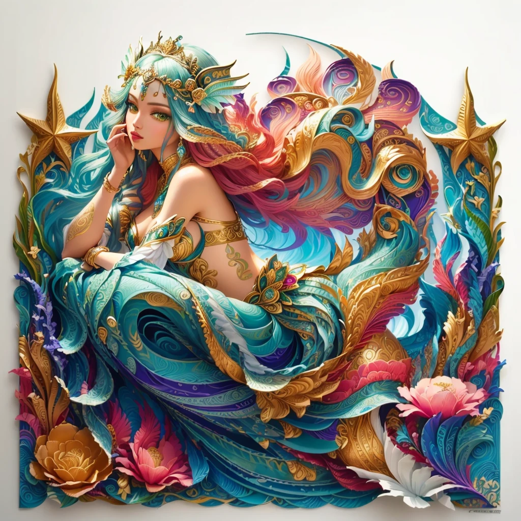 a close up of a paper art of a Siren with long hair, portrait of Siren, beautiful Siren, portrait of Siren queen, Siren, beautiful detailed fantasy, full of colors and rich details, colorful and intricate masterpiece, Goddess of the Sea, paper quilling, Unique and intricate painting, Whimsical art, portrait of Siren warrior, layered paper art, surreal pop art style