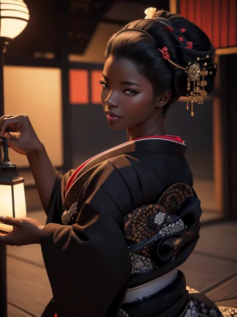 Ultradetailed, black woman, ebony skin, truccata da geisha, voluptous , big ass, sexy, beautiful, hands behind Her