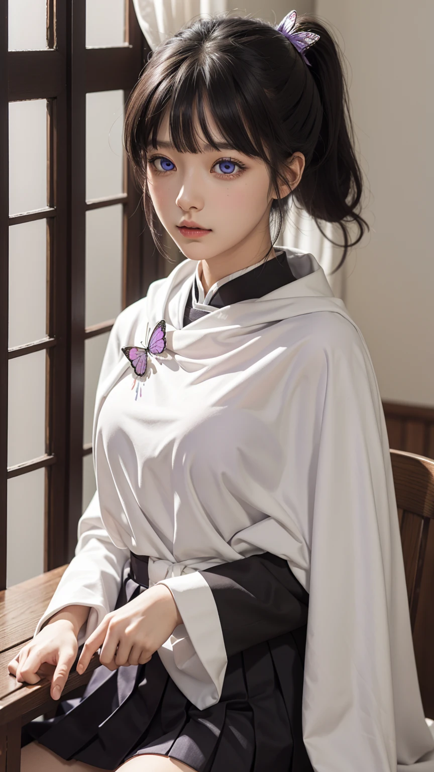 kanaotsuyuri, kanao tsuyuri, black hair, butterfly, butterfly hair ornament, (purple eyes:1.1), side ponytail, ponytail, nude грудь , naked , 
BREAK  cape, demon slayer uniform, long sleeves, pleated skirt, skirt, white cape,
BREAK looking at viewer,
BREAK classroom, голая грудь, обнаженная грудь 
BREAK (masterpiece:1.2), best quality, high resolution, unity 8k wallpaper, (illustration:0.8), (beautiful detailed eyes:1.6), extremely detailed face, perfect lighting, extremely detailed CG, (perfect hands, perfect anatomy), panties , panties, erotic photo shoot, nude , naked