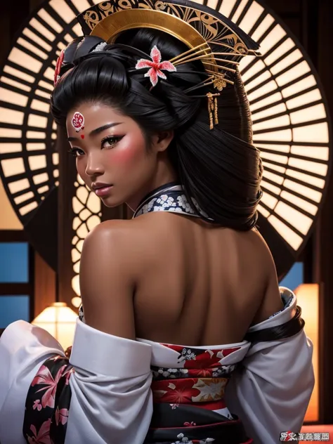 Ultradetailed, hawaiian woman, ebony skin, truccata da geisha, big , big ass, sexy, beautiful, hands behind Her