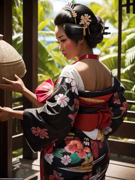 ultradetailed, hawaiian woman, ebony skin, truccata da geisha, big , big ass, sexy, beautiful, hands behind her