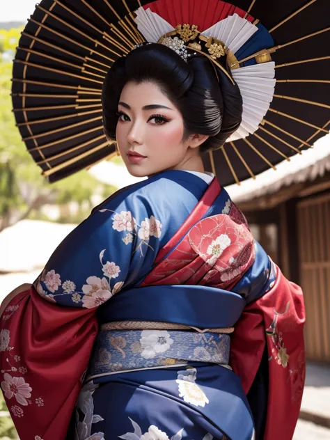 Ultradetailed, mexican woman, truccata da geisha, big , big ass, sexy, beautiful, hands behind Her
