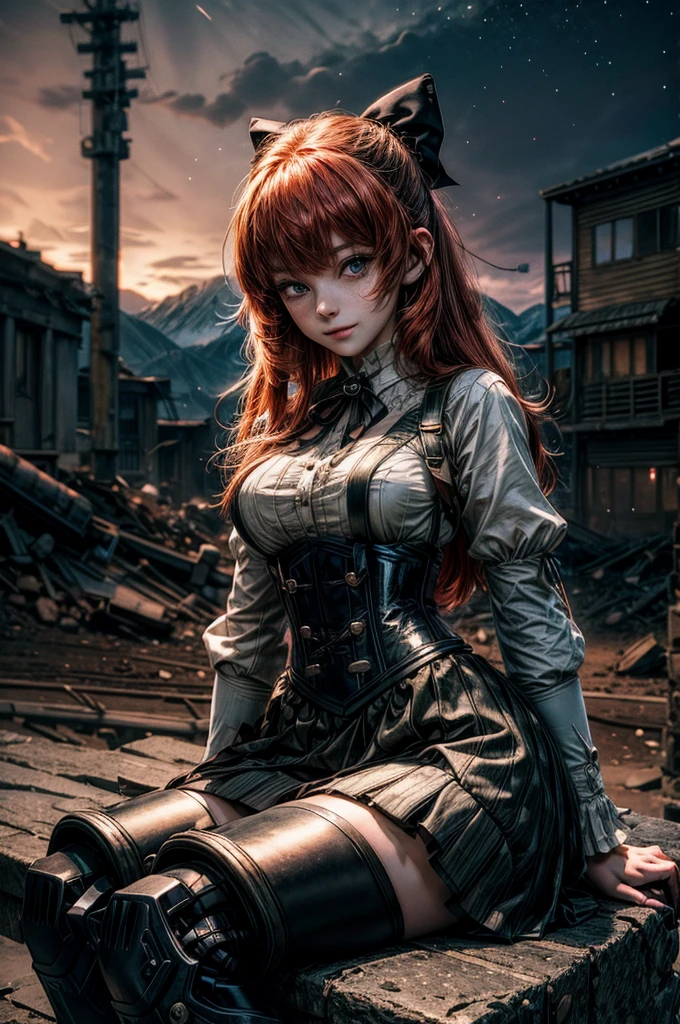 night, moon, stars, cowboy shot, (dynamic pose), smile,  underbust, Penny Polendina, long red hair, neck ribbon, suspender skirt, corset, black bow, white blouse, mechanical legs, neon trim, hand on hip, (sitting in city ruins), in valley, BREAK mountains in background, waterfall, crowd, (crowd in military uniform), post-apocalypse, dystopian future, bonfires (volumetric lighting), intricate details, tonemapping, sharp focus, hyper detailed

