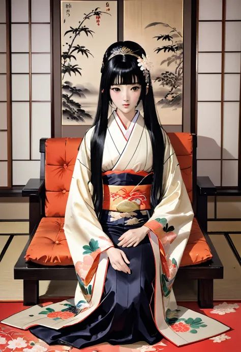 8K　Historical drama style　Beautiful slender Japanese child princess with long black hair　Gorgeous embroidery, Ultra glossy, She ...