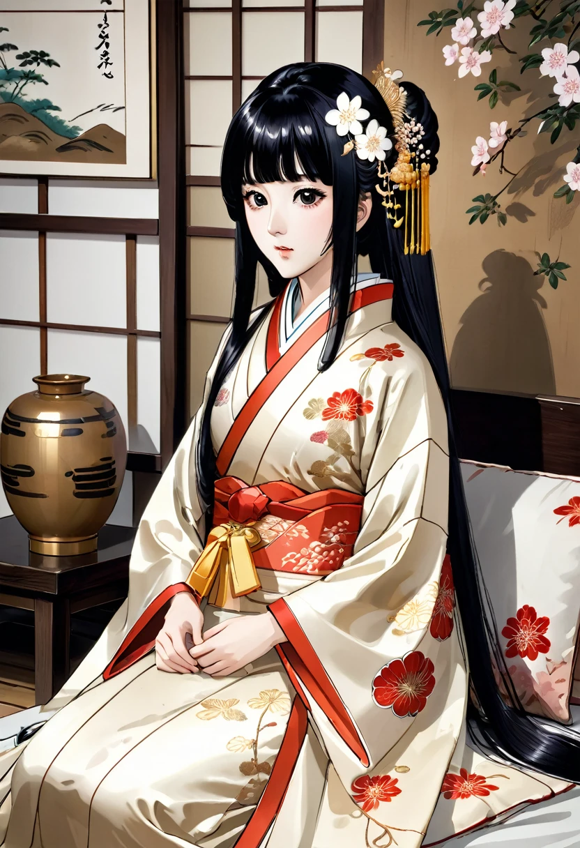 8K　Historischer Dramastil　Schöne schlanke japanische Kind Prinzessin mit langen schwarzen Haaren　wunderschöne Stickerei, Ultra glänzend, Sie trägt einen glänzenden Prinzessinnen-Kimono aus der Heian-Zeit.　Sie legt ihre Brustwarzen frei und presst Muttermilch auf den Futon