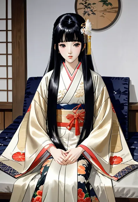 8K　Historical drama style　Beautiful slender Japanese child princess with long black hair　Gorgeous embroidery, Ultra glossy, She ...
