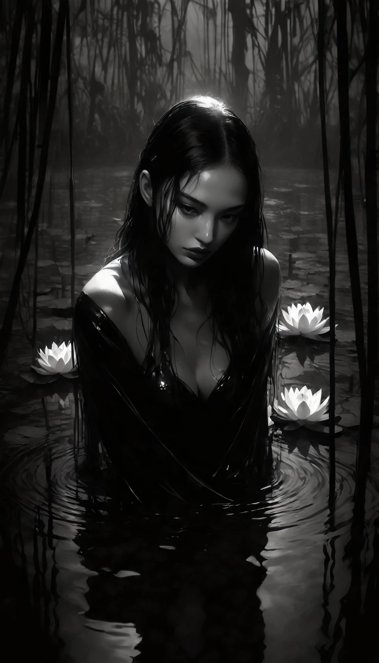 eroticism, sexy, black and white image, between shadows,in the water of a dark swamp with water lilies, oil painting, dramatic lighting, dramatic contrast, chiaroscuro, detailed face, sensual expression, elegant pose, female figure, mysterious, moody, cinematic, dark romantic, Bill Sienkiewicz inspired, dark atmosphere, powerful composition, dramatic shadows, high quality, photorealistic, masterpiece (best quality,4k,8k,highres,masterpiece:1.2),ultra-detailed,(realistic,photorealistic,photo-realistic:1.37),intricate details,,sharp focus,professional,Dave McKean artwork, oil touch of surrealism,oil painting 