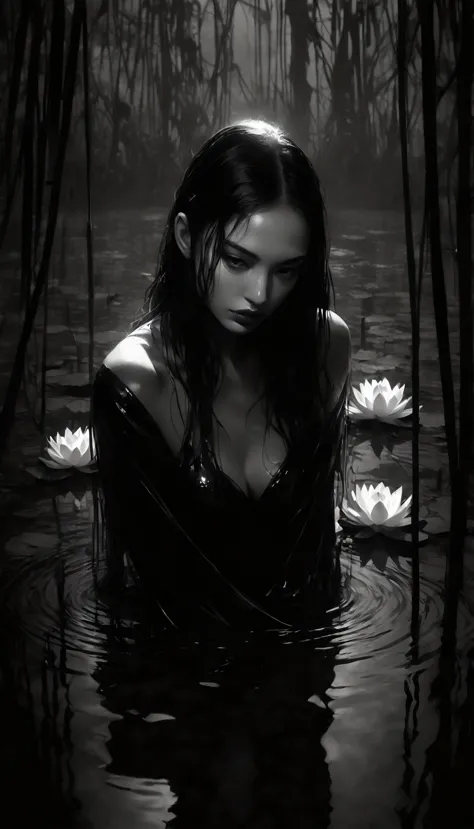 eroticism, sexy, black and white image, between shadows,in the water of a dark swamp with water lilies, oil painting, dramatic l...