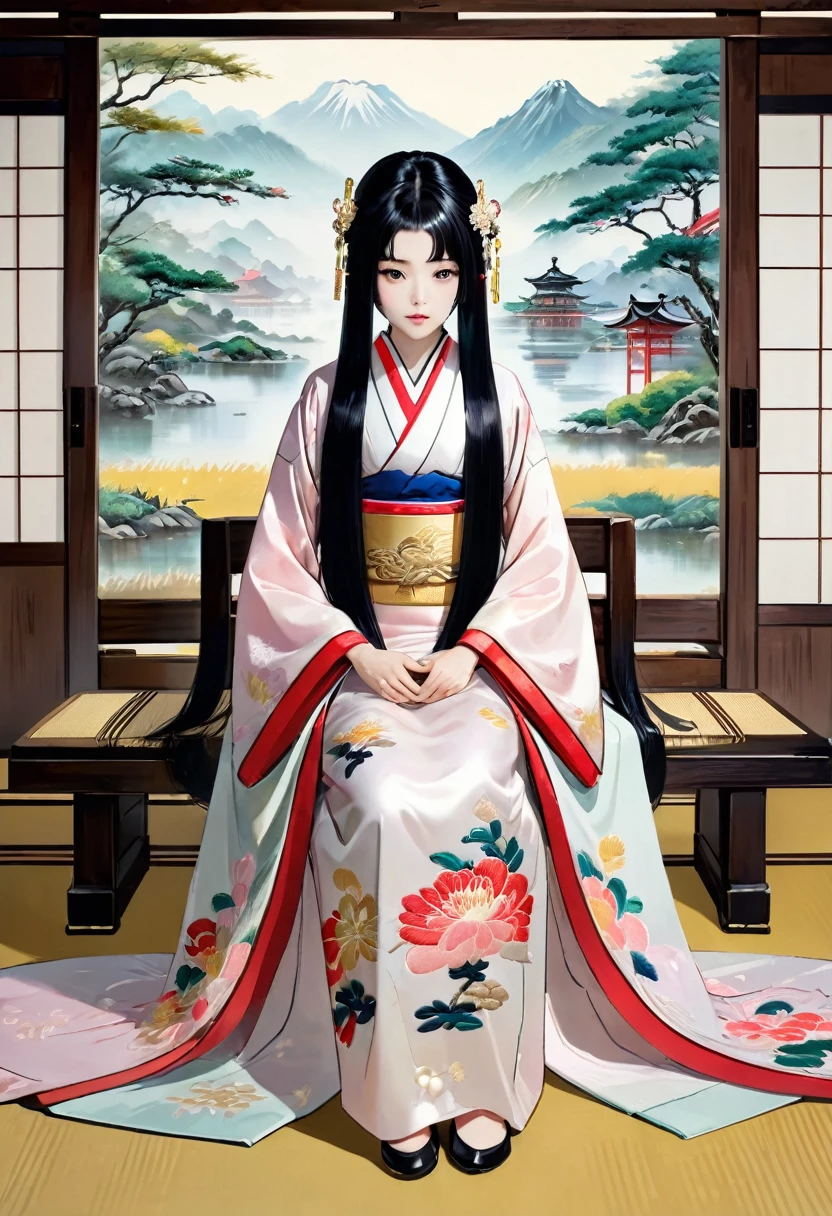 8K　Historical drama style　Beautiful slender Japanese child princess with long black hair　Gorgeous embroidery, Ultra glossy, She is wearing a shiny Heian period princess kimono.　She exposes her nipples and squeezes out breast milk on the futon