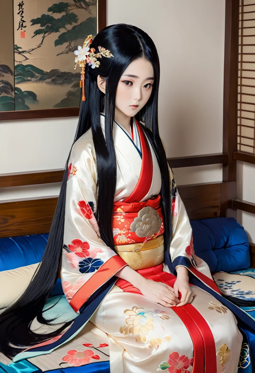 8K　Historical drama style　Beautiful slender Japanese child princess with long black hair　Gorgeous embroidery, Ultra glossy, She is wearing a shiny Heian period princess kimono.　She exposes her nipples and squeezes out breast milk on the futon