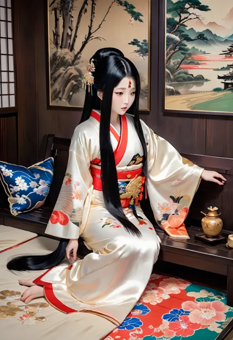 8K　Historical drama style　Beautiful slender Japanese child princess with long black hair　Gorgeous embroidery, Ultra glossy, She ...