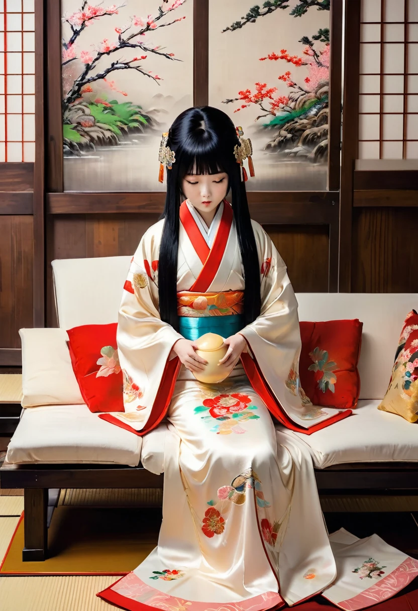 8K　Historical drama style　Beautiful slender Japanese child princess with long black hair　Gorgeous embroidery, Ultra glossy, She is wearing a shiny Heian period princess kimono.　She exposes her nipples and squeezes out breast milk on the futon