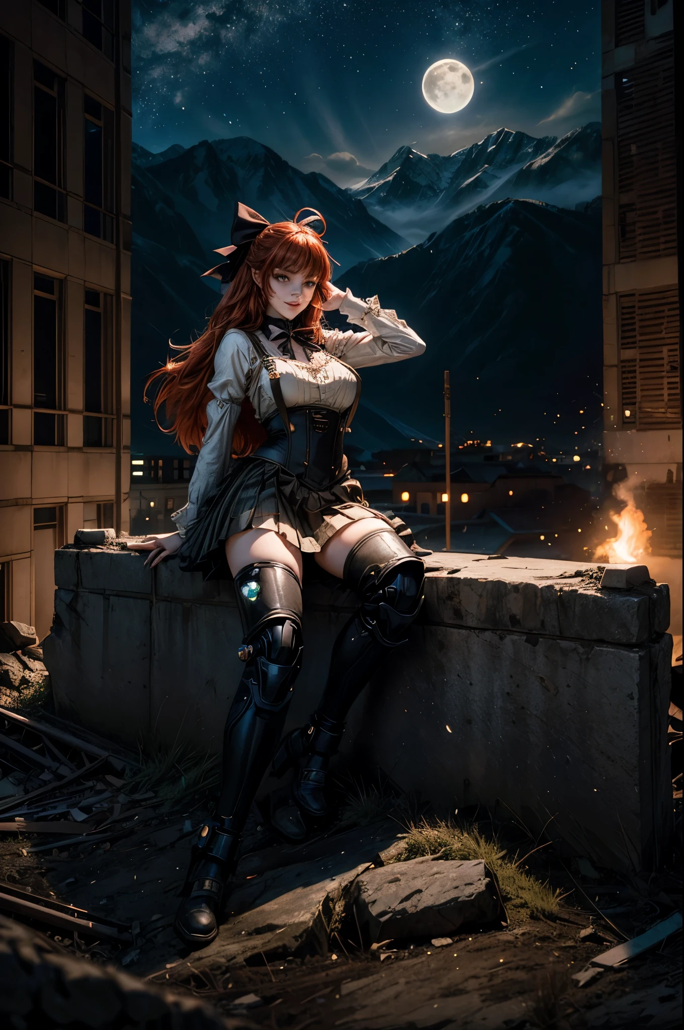 night, moon, stars, cowboy shot, (dynamic pose), smile,  underbust, Penny Polendina, long red hair, neck ribbon, suspender skirt, corset, black bow, white blouse, mechanical legs, neon trim, hand on hip, (sitting in city ruins), in valley, BREAK mountains in background, waterfall, crowd, (crowd in military uniform), post-apocalypse, dystopian future, bonfires (volumetric lighting), intricate details, tonemapping, sharp focus, hyper detailed

