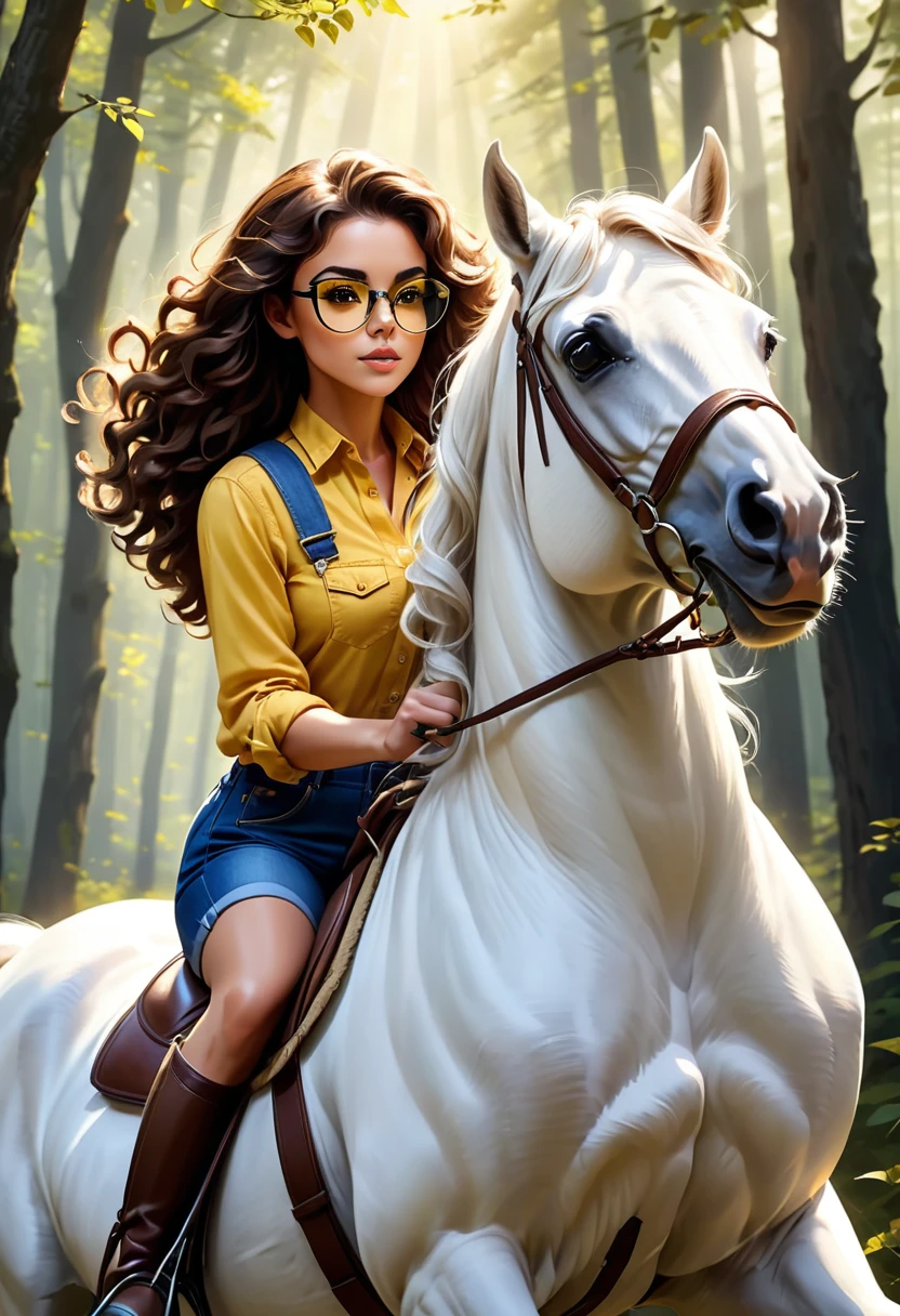 Você irá atuar como um artista digital especializado em ilustrações realistas. Por favor, crie uma imagem de uma linda mulher com cabelo castanho escuro e cacheado, usando óculos esportivos escuros, vestida com um macacão jeans claro e uma blusa amarela. Ela deve estar montando seu majestoso cavalo branco, assumindo uma pose fotográfica de alta qualidade que exibe um moderno, aura de cavaleiro confiante. A imagem deve ser uma obra-prima de 8K.

O cenário deve ser ambientado em um ambiente florestal com belas árvores frutíferas, onde os raios de sol passam pelas copas das árvores, criando um jogo de luz e sombras que realçam os detalhes da roupa, do cavalo&#39;s cabelo e músculos. A composição deve transmitir uma sensação de paz, beleza natural e elegância, com um toque de dinamismo e modernidade. Cada detalhe da cena deve ser meticulosamente trabalhado para criar uma verdadeira obra de arte..
