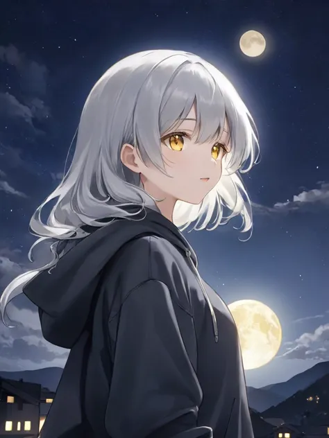 silver hair, golden eyes, moon, night, hoodie, mash