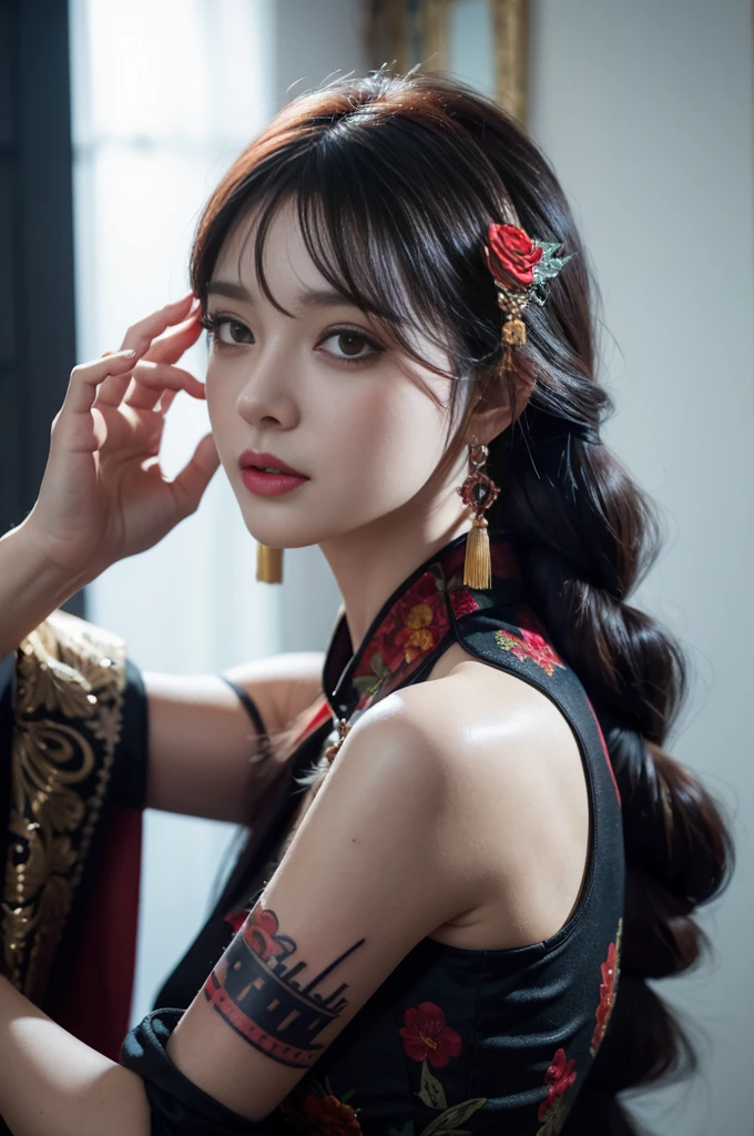 vibrant colors, female, masterpiece, sharp focus, best quality, depth of field, cinematic lighting, white hair, red eyes, braid, dress, long hair, red eyes, tattoo, earrings, jewelry, black dress, hair ornament, bangs, chinese clothes, breasts, china dress, sleeveless, 