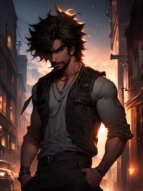 1man,messy hair, facial hair, Streetwear,cargo pants, necklace, street, (masterpiece, best quality, highres, ultra detailed ), n...