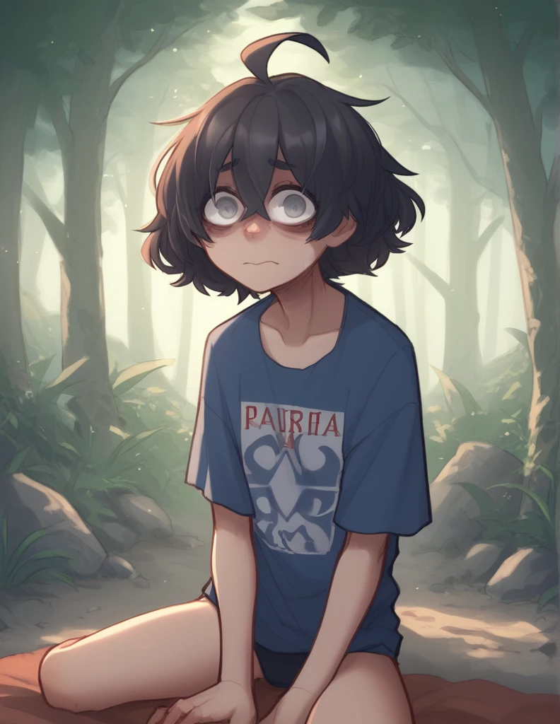 1 girl, alone, ppka, black fur, short hair, messy fur, Ahoge, parts, parts por todo el cuerpo, grey eyes, blind eyes, kind eyes, nervous, looking at the viewer, cute look hippie clothing, hippie, forest,
Swimsuit, long-sleeve shirt, libra shirt, blue shirt, black bikini,
position in 4,
playing in the beach, arena, mar