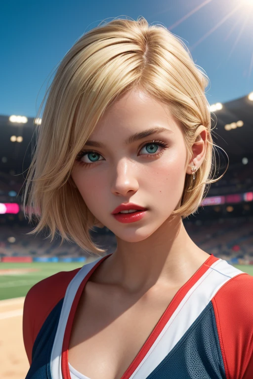 Details above. High Quality. movie.a beautiful girl. Short golden hair.Big green eyes. red lips. white skin. Athlete&#39;s body . flat stomach.Big buttocks.Fat and very tight pants.Dress:Open collar half body.