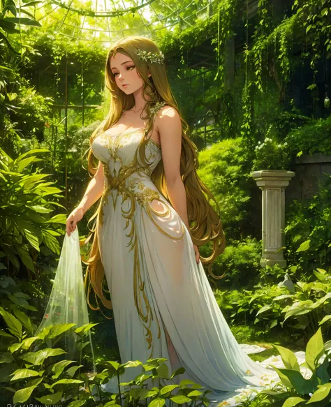 a beautiful young woman in a long flowing dress, delicate and ethereal like a dryad, standing in a lush, verdant garden, sunligh...