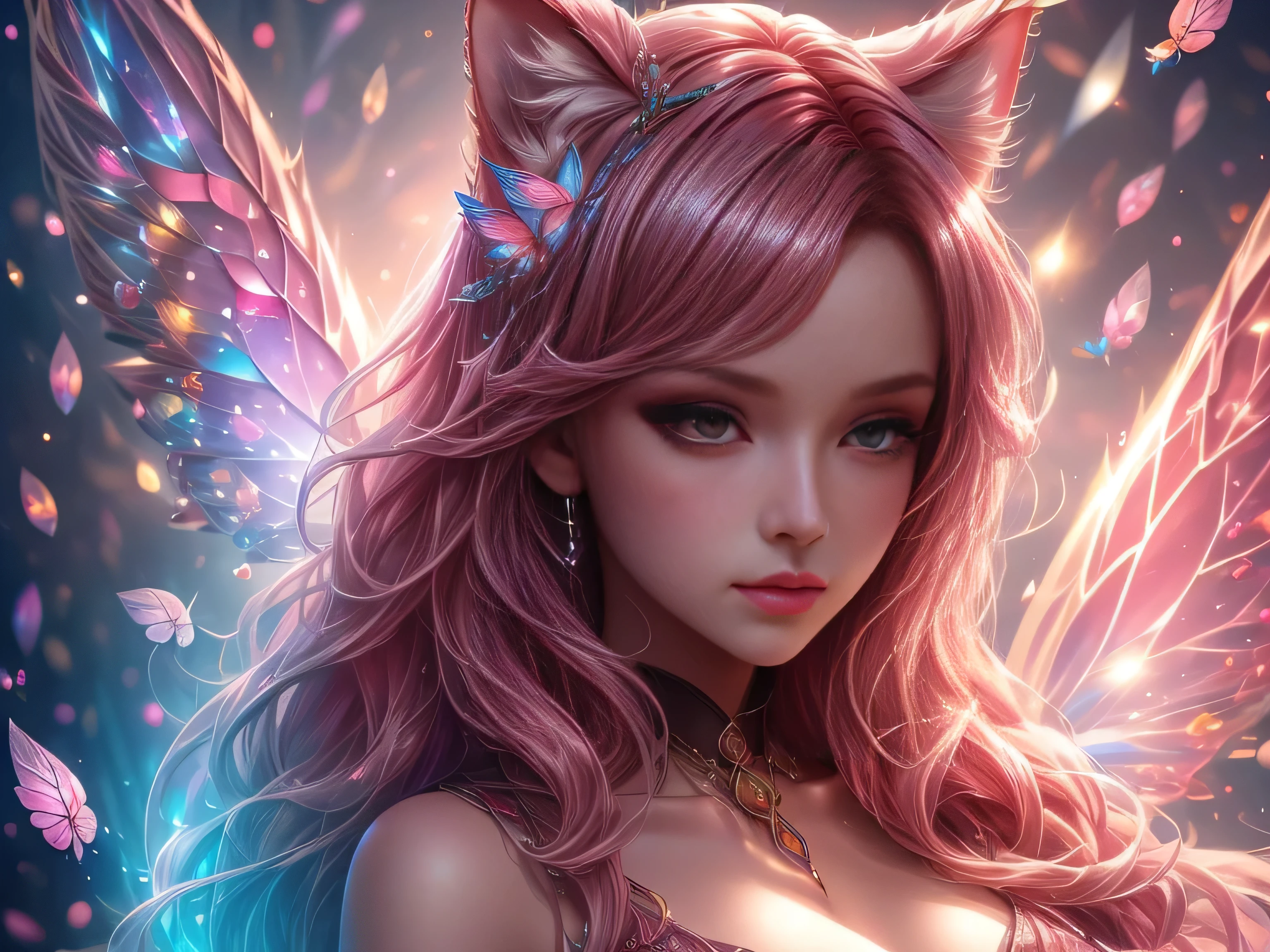 (Best Quality, 8K, Masterpiece, HDR, Soft Lighting, Picture Perfect, Realistic, Vivid), Cat Girl (1.0), Cat Girl with Red Hair and brown eyes and Sexy Revealing Clothes, Pink Bodysuit with Glitter Texture, Beautiful Anime Fantasy, Very beautiful and cute cat girl, large pink butterflies fly around, background blur, anime fantasy, work in Gouves style, realistic: 1.37, top view, red cat girl lies in blue flowers, large pink butterflies fly around, horizontal view, (Ultra High Quality Fantasy Art), Masterpiece, Female Model, Ultra High Quality Female Character Designs, Detailed 8k Anime Art, Realistic Anime Art, Highest Quality Wallpapers, Intricate Ultra High Quality Accurate Female Character Faces, High Quality Designs and Accurate Physics (Fantasy - Ultra High Quality) quality) quality)) art), dark fantasy style), masterpieces, super high-quality characters, anime resolution - 8K, realistic anime art, wallpaper with the highest quality illustrations, ultra-high detail of faces, high-quality design and accurate physics), color, depth of field, shadows, ray tracing, high quality workmanship. -high quality and 8K resolution, (Accurate simulation of the interaction of light and materials)], [High-quality hair detail [More about beautiful and shiny red hair]], (Beautifully detailed hands [perfect fingers [Perfect nails]]], (perfect anatomy (perfect proportions)))) [[Full-length]], [Perfect combination of colors (Accurate imitation of the interaction of light and material)], [art that conveys the meaning of the story](modified)