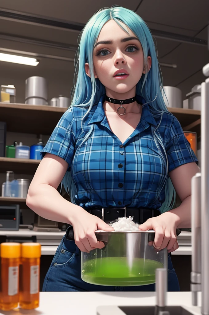 Billie Eilish, Blue plaid shirt, blue jeans, choker necklace, working in the lab, in the lab, working with chemical equipment, chest covered with shirt, Detailed hands, HD fingers, camel&#39;s foot, Wedges, contour, nude cleavage, ((small breasts))(handmade:1.4), (penis:1.2),focus on penis, (naked tits covered in cum:1.3 NFV((after blowjob)), ((cum on face))