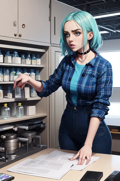 Billie Eilish, Blue plaid shirt, blue jeans, choker necklace, working in the lab, in the lab, working with chemical equipment, c...