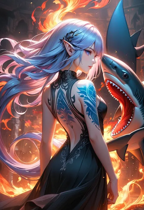 Arafed, Dark fantasy art, fantasy art, goth art, a picture of a ((shark tattoo: 1.5)) on the back of a female elf, a glowing tat...
